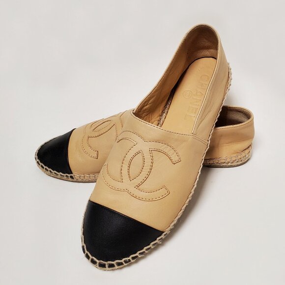 CHANEL SHOES CC LOGO BEIGE LAMBSKIN LEATHER FLATS ESPADRILLE sz 39 US 7.5 - Picture 2 of 16